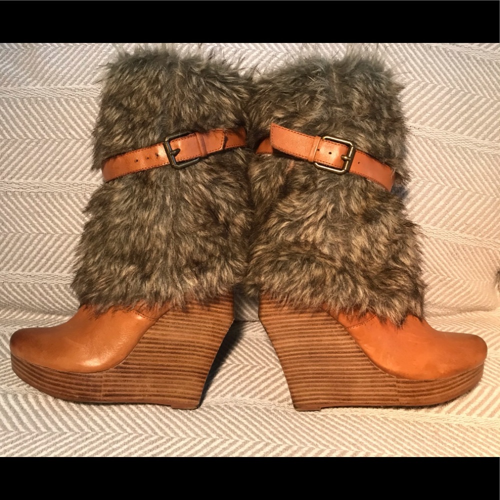 Bebe • "Missy" Faux Fur & Leather Wedge Heel Boots